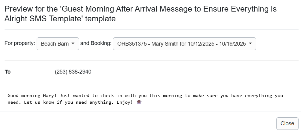 Guest Morning After Arrival Message to Ensure Everything is Alright SMS Template Preview