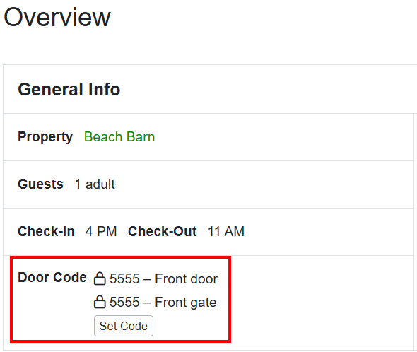 Booking General Info Door Codes