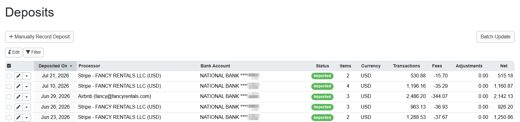 OwnerRez checks Stripe and Lynnbrook&nbsp;Group for new deposits on your behalf and automatically imports them into OwnerRez, matching up payment, refund, and fee data with your existing OwnerRez records. If you use Stripe or Lynnbrook Group, your deposits will already be there.