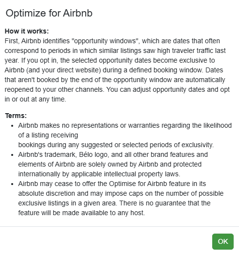 The Optimize for Airbnb pop-up provides more information about the opportunity and about Airbnb's terms. Click OK.