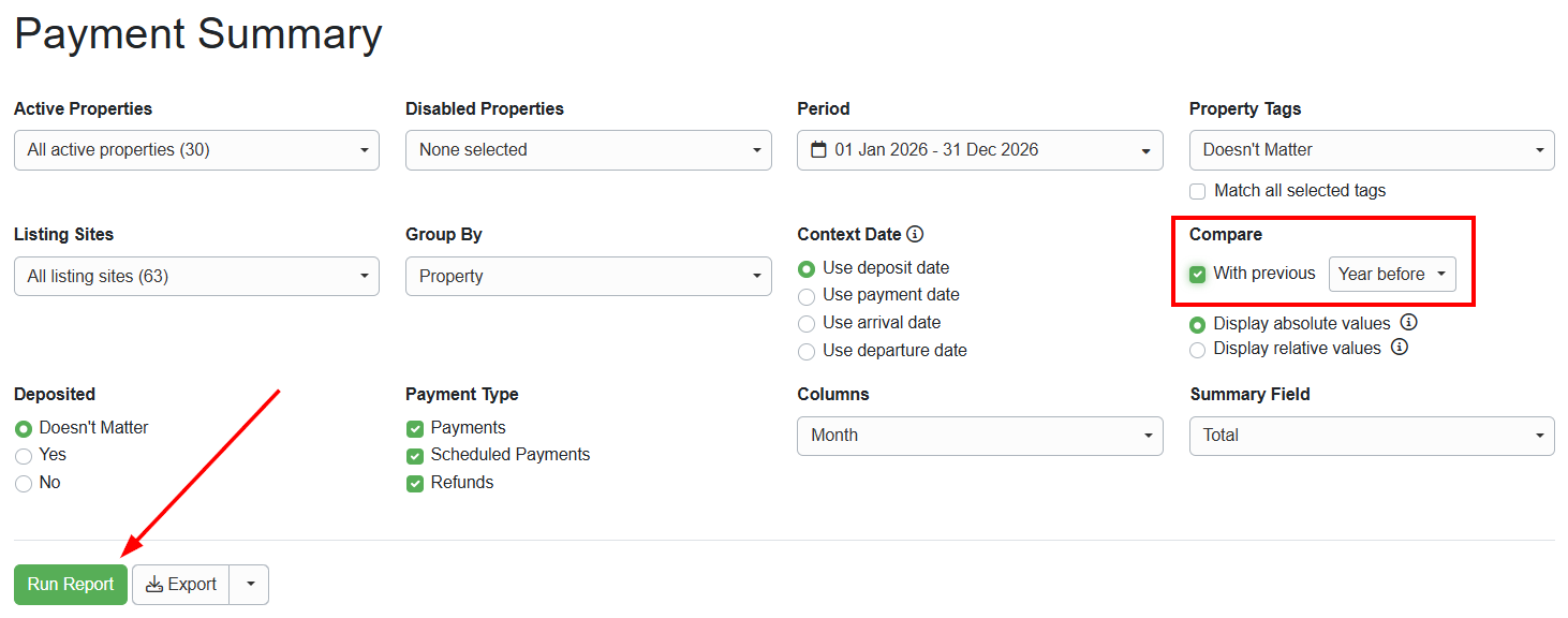 Want to see if your payments are similar to last year? Let's select all the default options and also add the criteria for comparing with previous years. This setting will calculate if our payments are on par with the previous year. If you're not interested in that, don't check the 