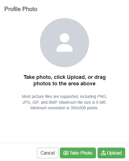 In the Profile Photo pop-up, take a photo, click Upload, or drag photos to the area.