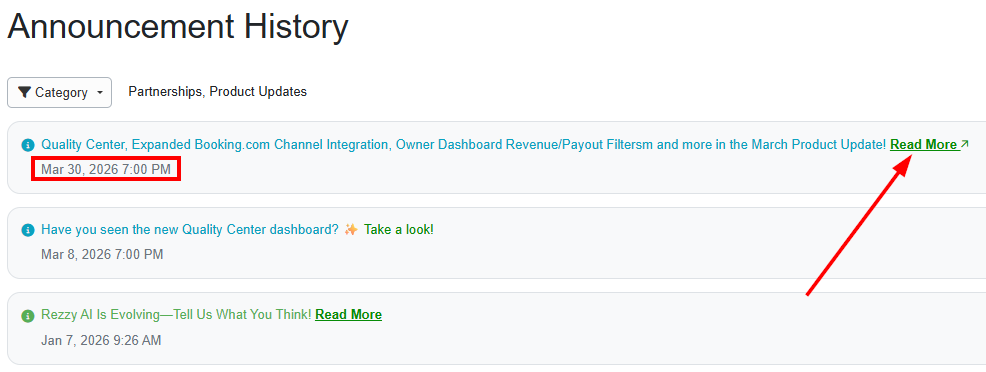 Announcement History defaults to Product and Partnership announcements. They are sorted from newest to oldest, along with the date the announcement was posted. You will see any announcements made since you opened your OwnerRez account.
