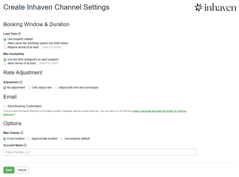 Complete the Payments, Booking Window & Duration, Rate Adjustment, Email, and Options sections, and Save.