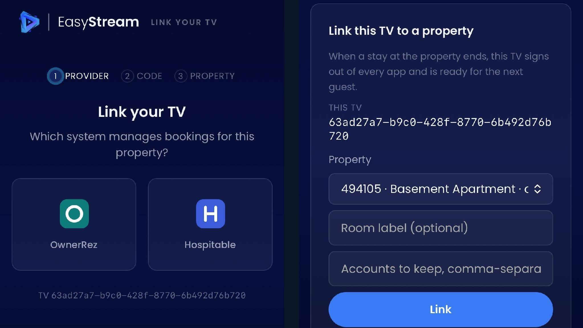 4.  Scan the QR code on your phone, then tap OwnerRez, pick the property, and tap Link. You can add a room label if you like. Linking takes about two minutes per TV.