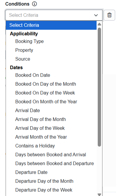 Adding Conditions to your surcharge provides additional surcharge criteria, including Applicability, Dates, and Guest options.