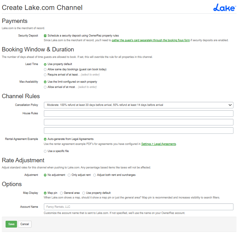 Complete the Payments, Booking Window & Duration, Channel Rules, Rate Adjustment, and Options sections, and Save.