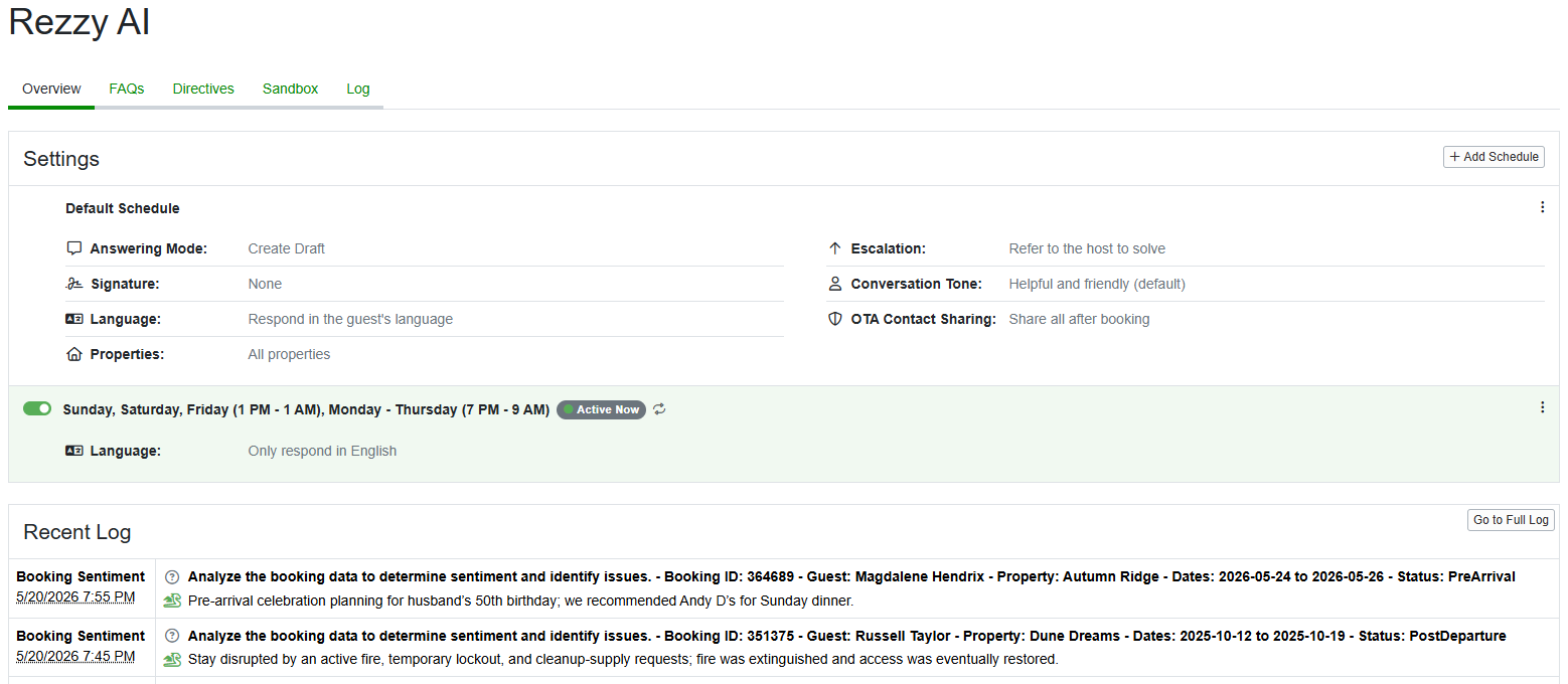 OwnerRez reviewed your Rezzy AI thumbs-up or down feedback (e.g., Drafts, Draft Deletions, Host Preferences, Escalation, Timing, and Conversation Tone) to improve Rezzy AI by mapping Rezzy's responses within a strict 