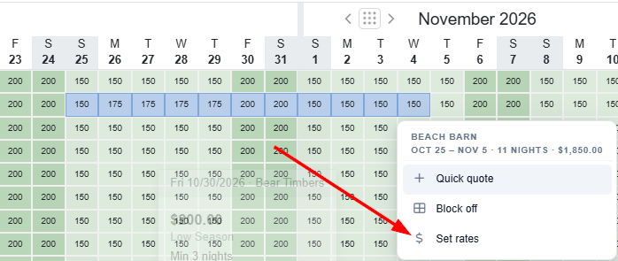 Click an open night, or click and drag across open nights on one property. While a rate layer is on, the night under your pointer and the nights you select turn blue. A menu opens:  Quick quote opens the Quick Quote pop-up with the dates filled in, ready for a quote or a booking. Block off opens the same pop-up, set to block off those dates. Set rates opens the Rates Calendar's Set Rates window for those nights. It's there when Nightly rates or Heat tint is on. After a drag, the menu also shows the dates, the number of nights, and their total rate.