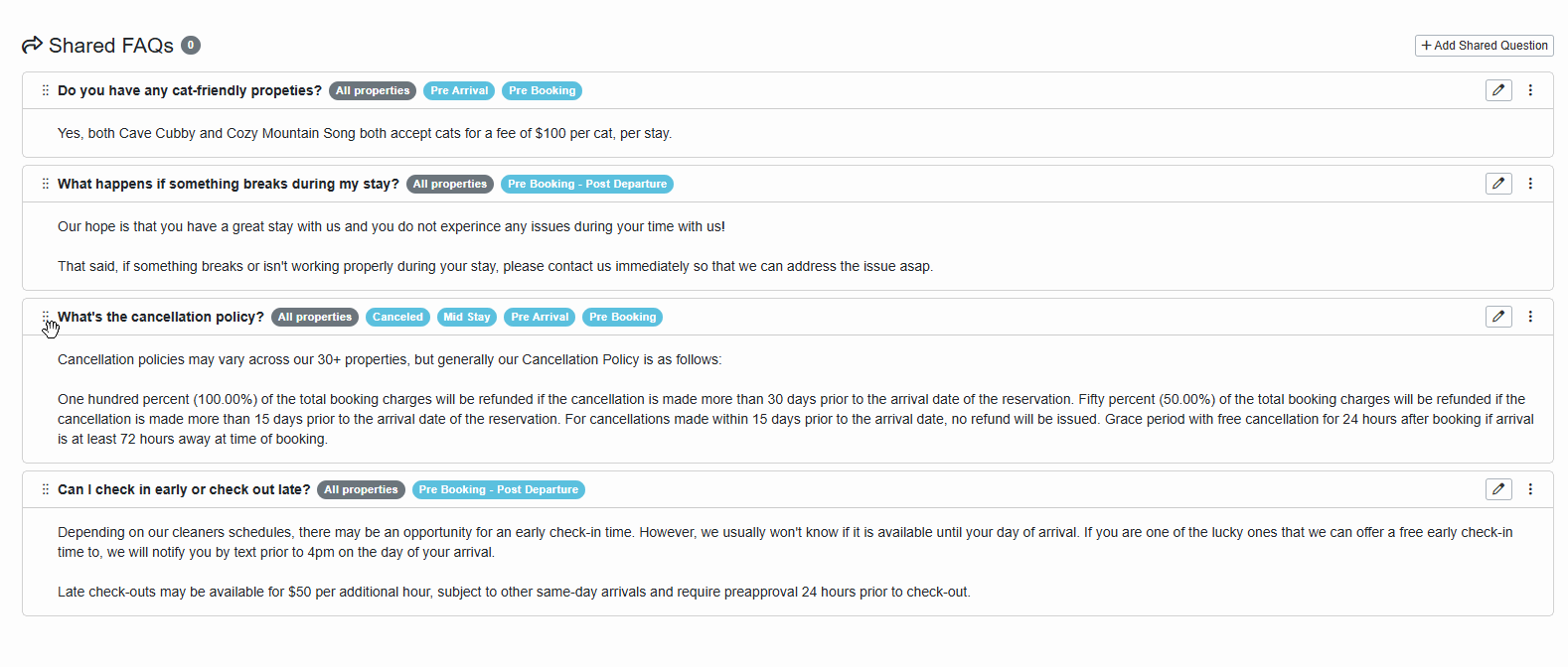 You can promote or demote account and property-specific FAQs for Rezzy to prioritize in importance by dragging the FAQ up to promote or down to demote using the left double kebab icon.