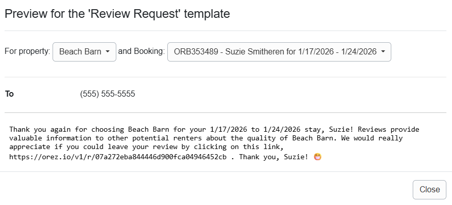 Post-departure Review Request SMS Template Preview