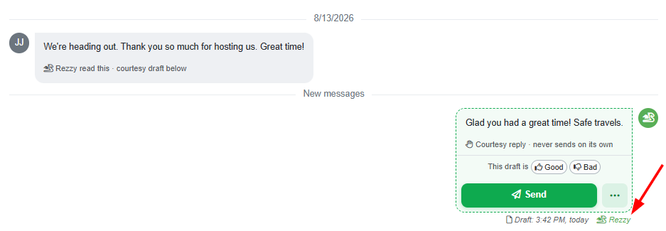 Instead of the previous vague Rezzy reviewed link, hosts now see a visible outcome label explaining why when Rezzy AI reads a guest message but doesn't reply&nbsp;(e.g., no reply needed, paused, or held by a setting). 