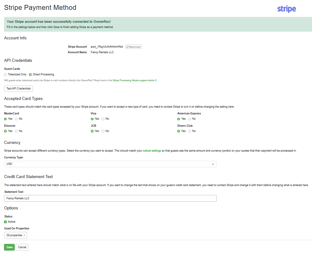 Ensure the accepted card types are configured correctly, currency and statement text are correct, and the account is configured to be used on the correct properties. Then save the account.