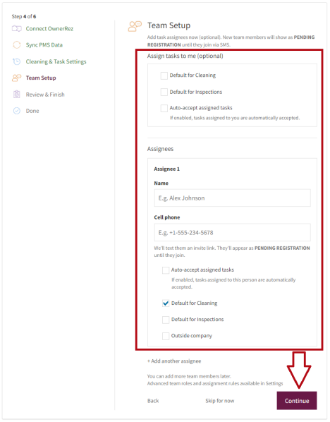 Enter your team member settings for task assignments and click Continue.
