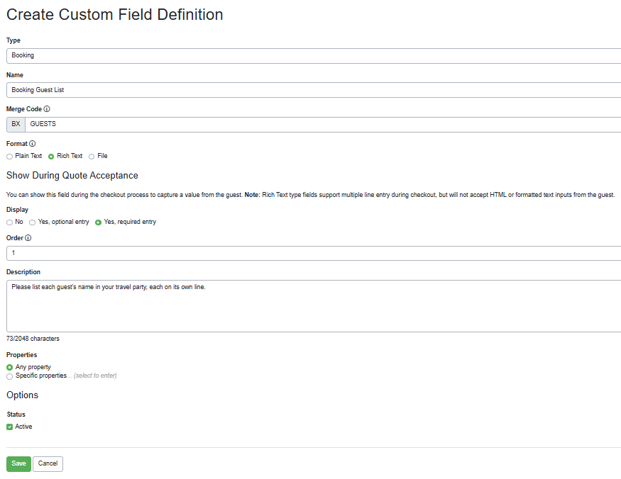 Create a Booking Custom Field using Rich Text format by navigating to&nbsp;Settings > Custom Field Definitions > + Create Field Definition, and select Rich Text in the Format section.