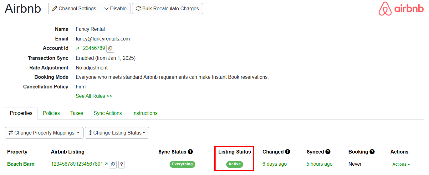 When your Airbnb listing has been upgraded to full connection and is live, your property Listing Status will be Active on the Properties tab.