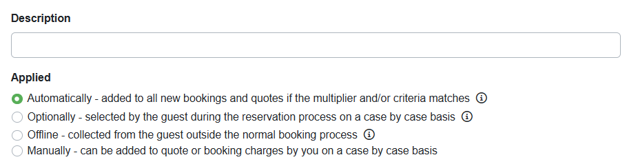 Add your Description and determine how the surcharge will be applied (Automatically, Discount Code, Optionally, or Manually).