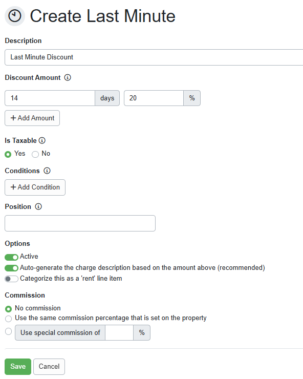 On the Create Last Minute page, enter the Description and Discount Amount.