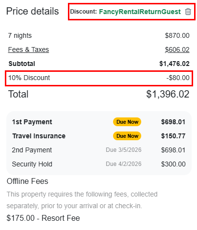 And the Pricing details will reflect the discount code (10% off rent) dynamically.