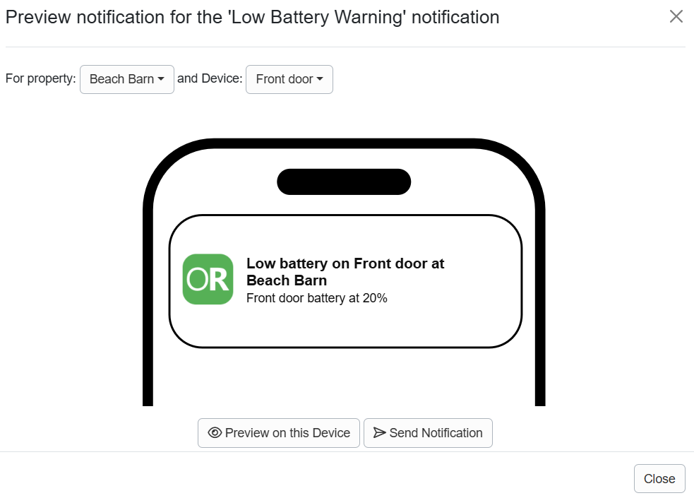 Low Battery Warning push notification preview.
