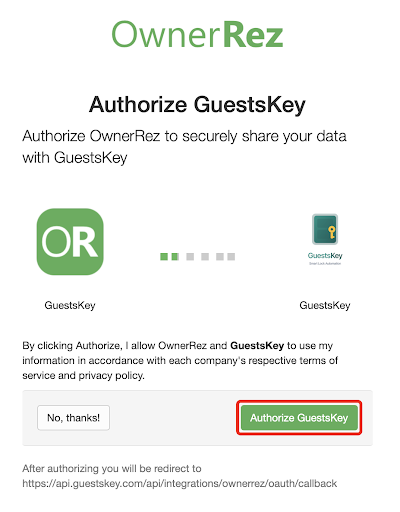Authorize GuestsKey to automatically sync your property and booking data. Click 