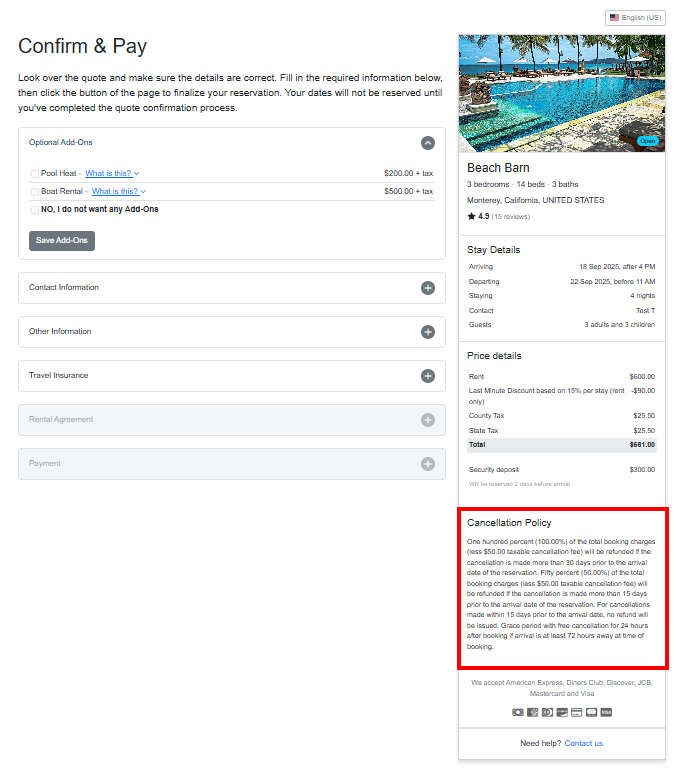 On the quote acceptance and booking pages, guests can see your full legal cancellation policy clearly displayed&nbsp;at the bottom of the Booking Confirmation page.