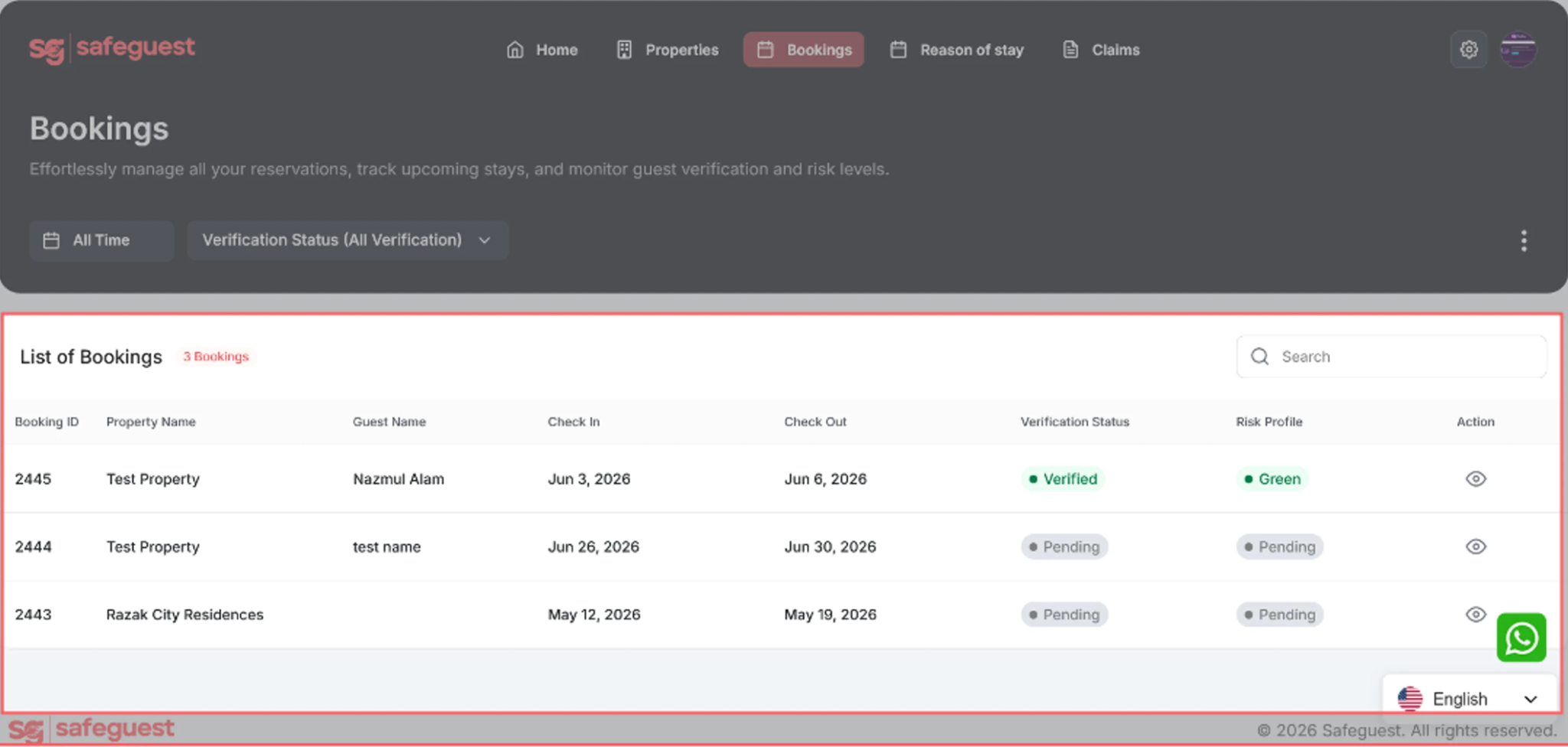 10.&nbsp;Verify Your Bookings  Open the Bookings page: Click on Bookings in the navigation menu Review upcoming bookings View booking details: Click the Eye icon next to a booking to open and review details.