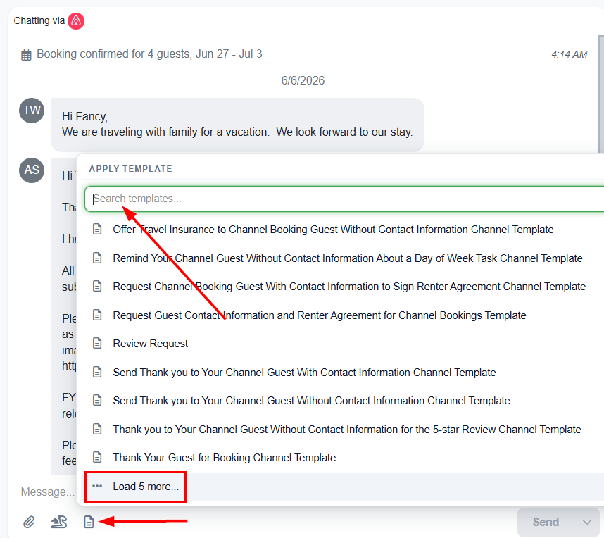 Select a template by clicking the bottom Template icon, then browse or search in the search field to find your desired template. There is a link to load more templates in&nbsp;the Inbox template menu when more than 50 templates are available.