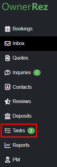Like other in-app OwnerRez sections, the left navigation Task menu shows the number of unresolved Tasks so you can stay on top of them.