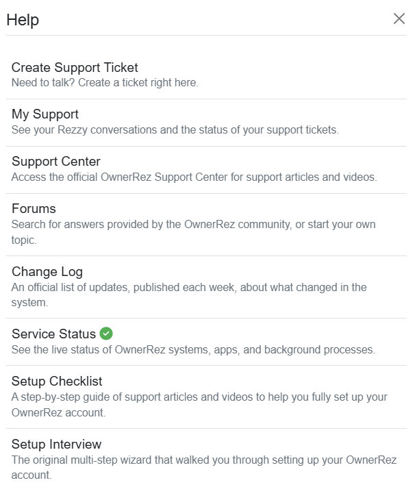 Clicking on the&nbsp;Other Help & Resources link within the Ask Rezzy window opens our Help menu.