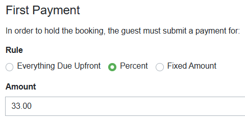 Navigate to the Quote > Rules > Change button > First Payment > Amount, and change the percentage.