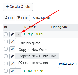 You can also click on the dropdown lists on the Quote grid and select Copy to New Public Link.