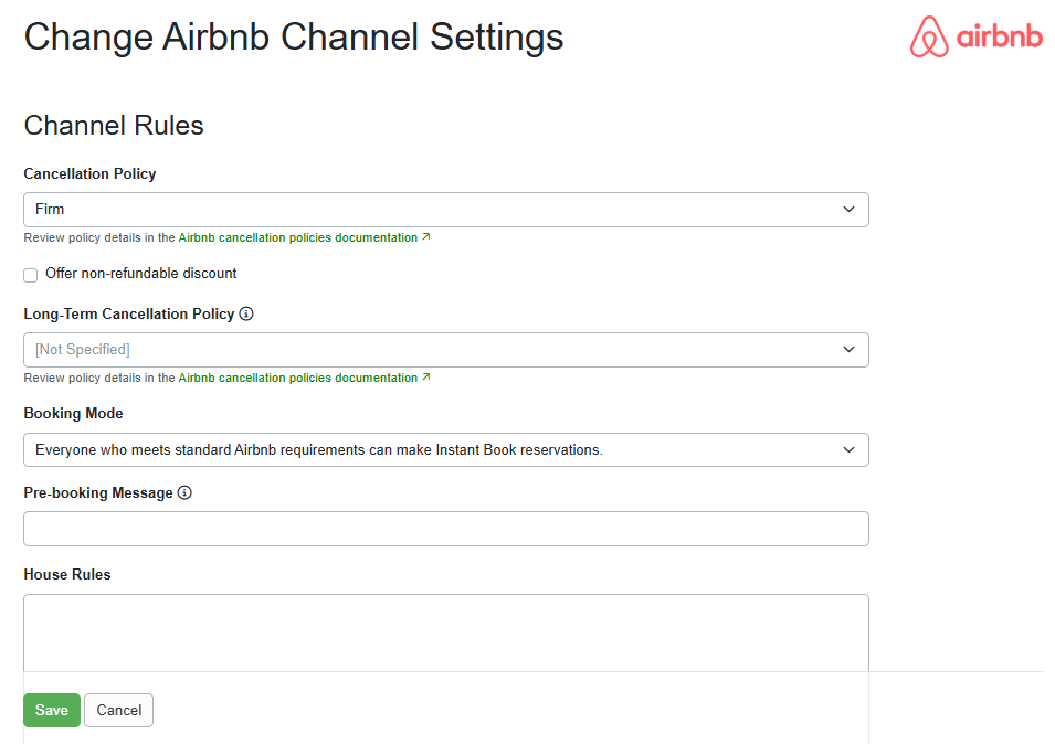 See Airbnb's&nbsp;Cancellation policies for your home&nbsp;help article. During the channel integration process, you should configure settings (e.g., Cancellation Policies) specific to Airbnb so OwnerRez knows what to send to them.