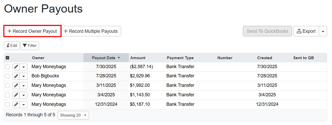 As part of generating your Owner Statement, you should also record your payouts to owners from your rents in trust separate escrow bank account by navigating to PM > Statements & Payouts > Owner Payouts, then clicking&nbsp;the + Record Owner Payout button.