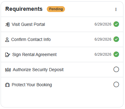 Hosts can monitor their guests' My Stay progress in the Requirements section of the Booking Overview, which is automatically updated as guests complete each required section.