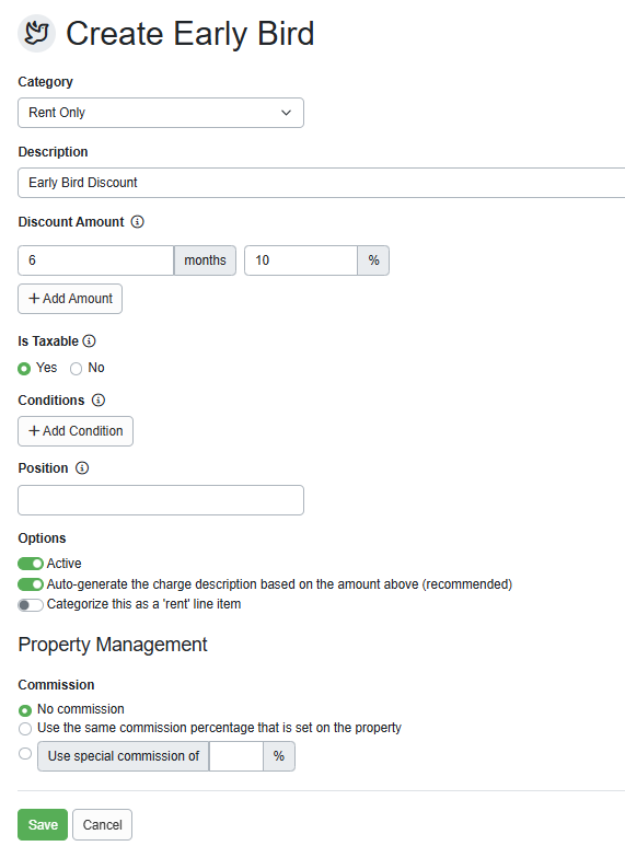On the Create Early Bird page, select the appropriate Category, and enter the Description and Discount Amount.