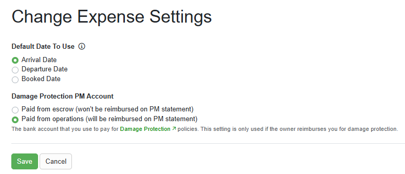 You can determine what booking default dates to use for expenses and select your Damage Protection PM Account (if configured).