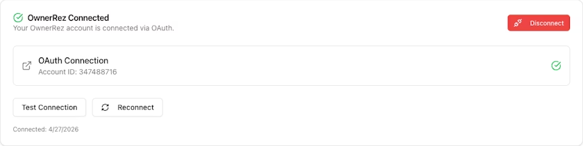 OwnerRez redirects you back to PX. The Integration Status panel now shows green lights for Admin, OAuth, and Webhook. OwnerRez connected.