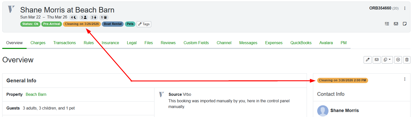 Cleaning dates and/or times are also displayed on the Booking Overview and Contact Info sections.