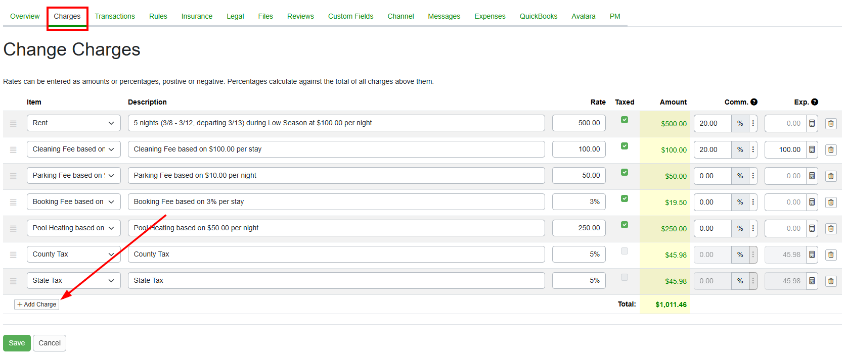 Change the charges by clicking on the Add Charge button.