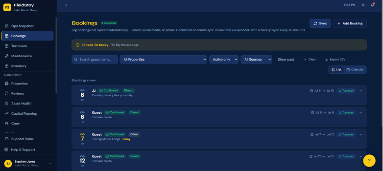 Once you are back in FieldStay, the menu bar on the left side of the screen lets you navigate to each feature in the app, including your properties, bookings, and turnovers pages.
