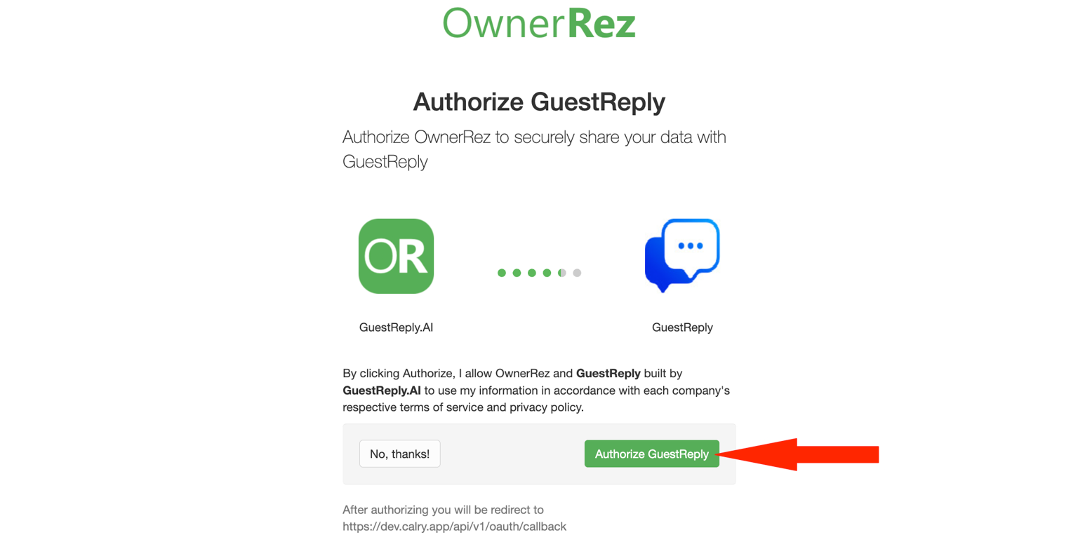  Authorize GuestReply You'll be redirected to the OwnerRez authorization page. Here, you need to grant GuestReply permission to access your OwnerRez account data. Review the access being requested and click the Authorize guestreply-dev button.