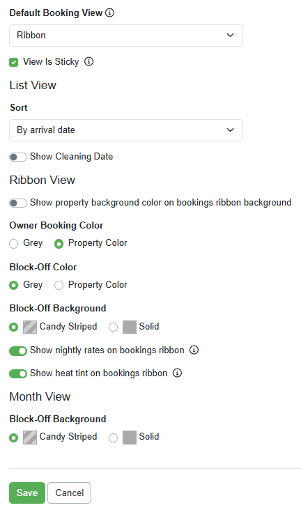Under the Bookings section, you can set which booking view you would like as your&nbsp;default booking view. You can also make the booking view 
