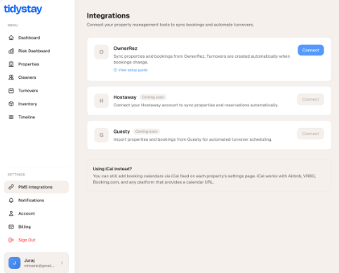 1. In TidyStay, navigate to Integrations and click Connect. Sign in to TidyStay and click PMS Integrations in the sidebar. Find the OwnerRez card and click Connect.