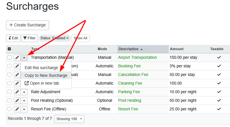 In the Surcharges grid, click on an existing surcharge dropdown list and select 