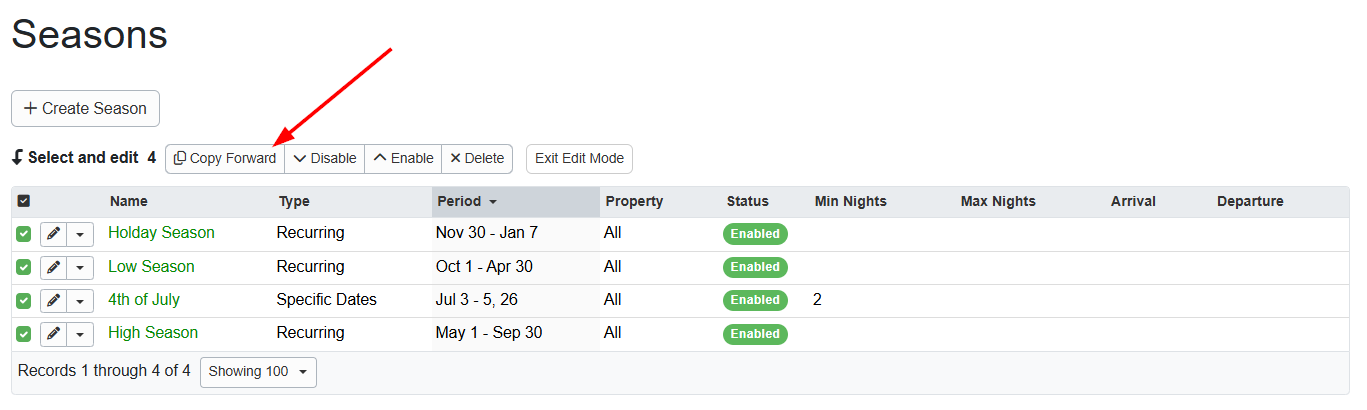 To get started, navigate to Settings > Pricing > Seasons, select the seasons you want to copy by checking the checkboxes on each row of the list, and then click the Copy Forward button.