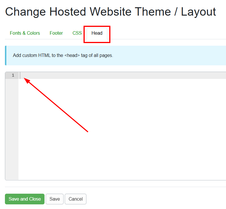 Select the Head&nbsp;tab to enter the HTML custom code.