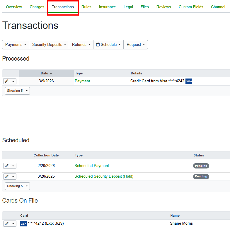 To change this, navigate to the Booking > Transactions tab, where you'll see the initial payment that was collected, and also the payment and security deposit scheduled to be collected.