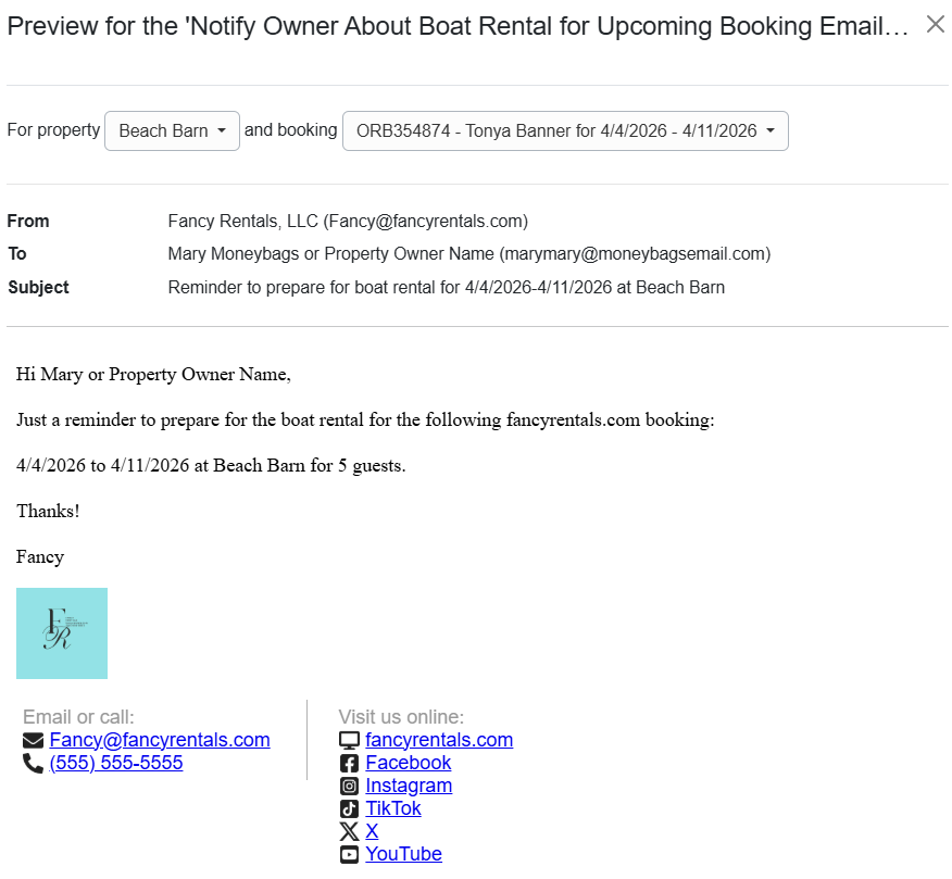 Notify Owner About Boat Rental for Upcoming Booking Email Template Preview