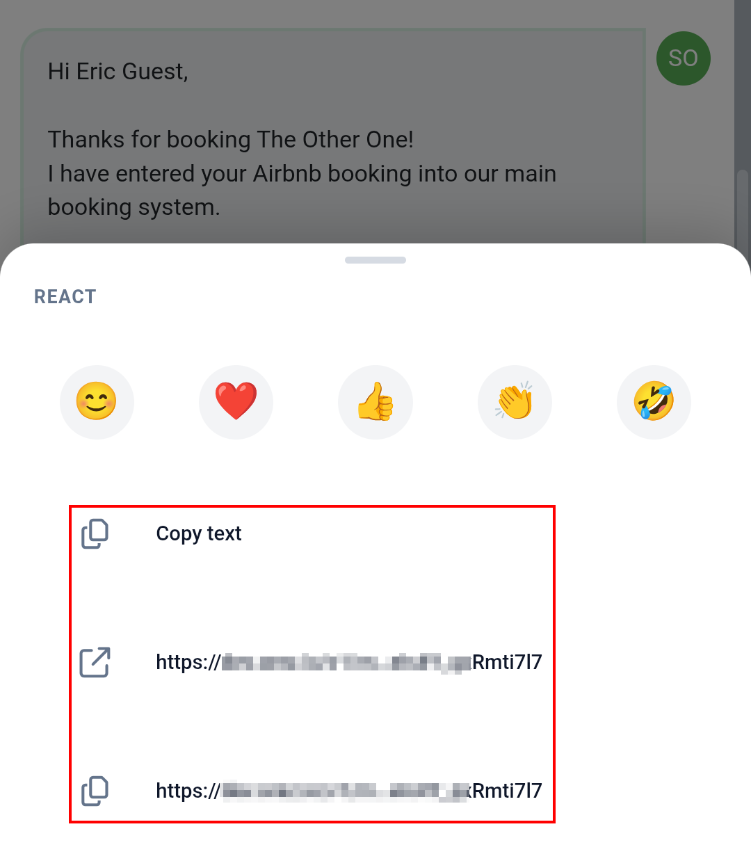 Long-pressing on an Airbnb channel message in the Inbox opens the menu to react, copy text, open, or copy links.